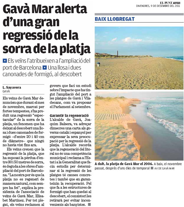 Noticia publicada en el diario 'El Punt Avui' sobre la regresin de parte de la playa de Gav Mar (9 Diciembre 2011)